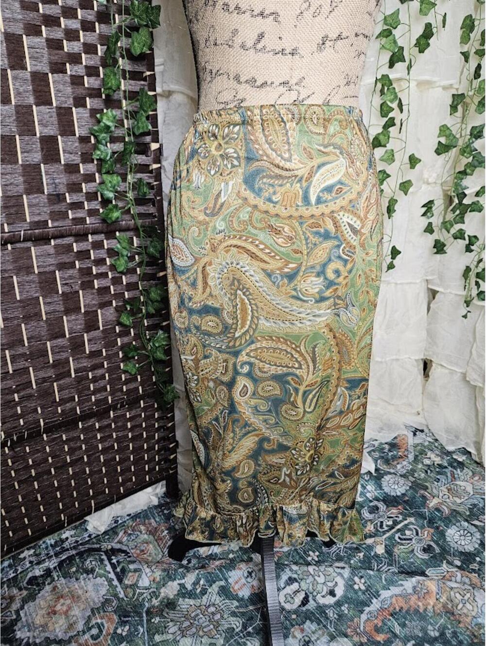 Vintage Paisley Midi Skirt Boho Cottagecore Earth Tone Ruffle Hem High Waisted
